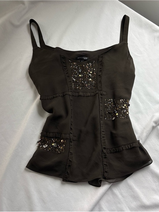Anne Klein Tops - Anne Klein Black Embellished Silk-Crepe Cami Top